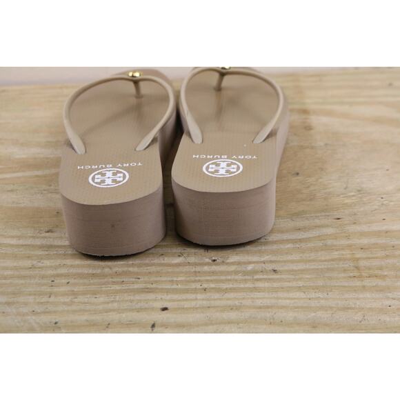 Tory Burch Flip Flops 8M Tan Khaki Wedge Platform Logo Thong Sandals - Picture 3 of 12